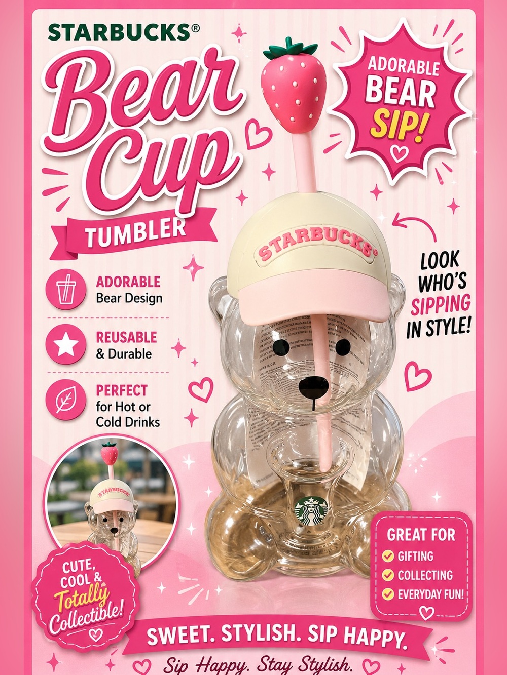 Starbucks Pink & Cream Bear Cup Tumbler with Strawberry Straw